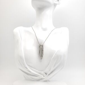 Monet Silver Tone Necklace Pave Rhinestone Fringe Drop Ball Chain Pendant Dainty